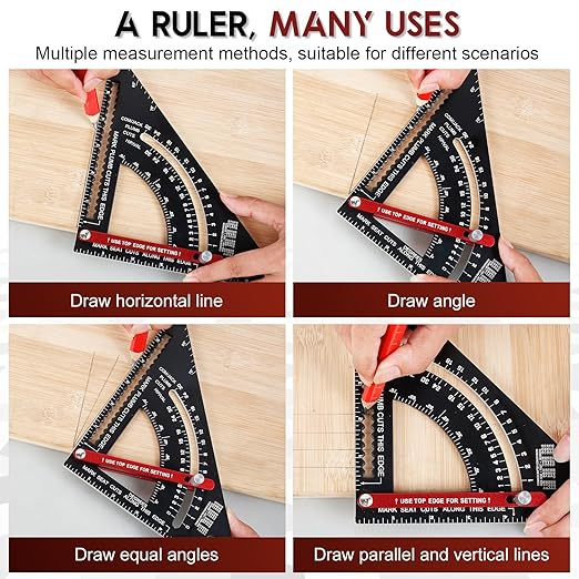 7 inch Carpenter Square, Woodworking Triangle Ruler Set, CNC Aluminum Alloy Framing Square, Adjustable Angle Carpentry Triangle Ruler, Multifunction Carpenter Square Protractor with 5 Pencils