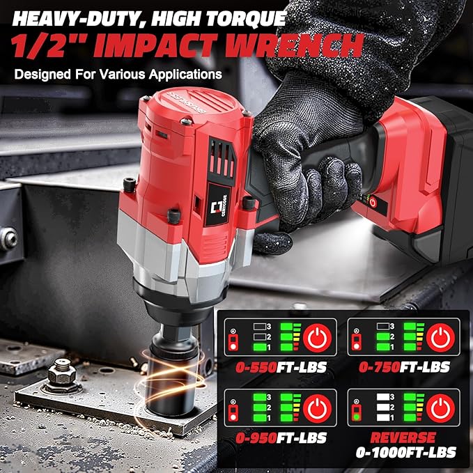 Cordless Impact Wrench 1/2 inch Compatible with Milwaukee 18v Battery – Brushless High Torque Impact Driver Gun with 1000 Ft-lbs Torque, LED Work Light, Ergonomic Design for Heavy-Duty Performance