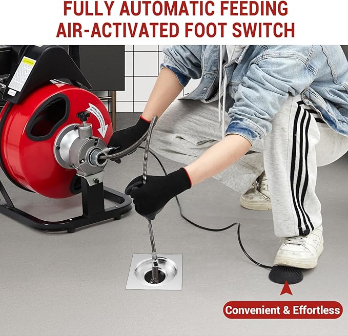 Auto Feed 75 FT x 1/2 Inch Drain Cleaner Machine with 250W Motor, Portable Sewer Snake Auger with 8 Cutters & Air-activated Foot Switch, Fits 1" to 4" Pipes, Black & Red