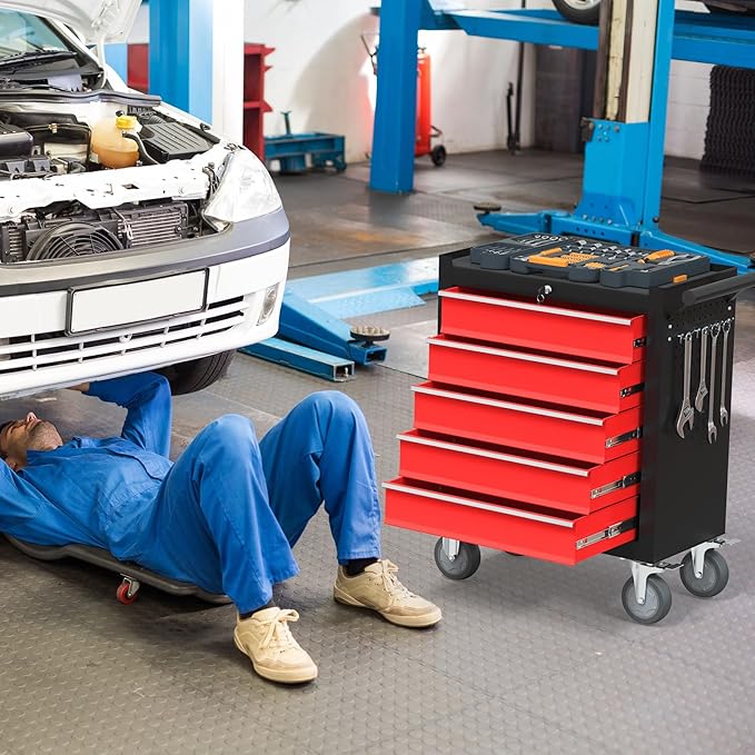 5 Drawers Rolling Tool Chest, Large Capacity Metal Tool Box with Wheels and Drawers, Tool Storage Cabinet with Keyed Locking, Tool Organizer Box for Garage, Workshop, Warehouse (Black Red)