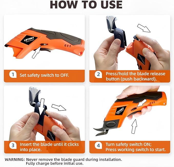 Cordless Electric Scissors, 3.6V Cardboard Cutter with 2 Blades, Rechargeable Electric Fabric Cutter with Safety Lock for Cutting Fabric Carpet Cardboard Leather (Orange)