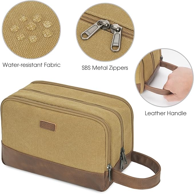 WANDF Travel Toiletry Bag for Men Large Toiletries Shaving Bag Water Resistant Hanging Dopp Kit Travel Accessories Bag for Women Men (Khaki)