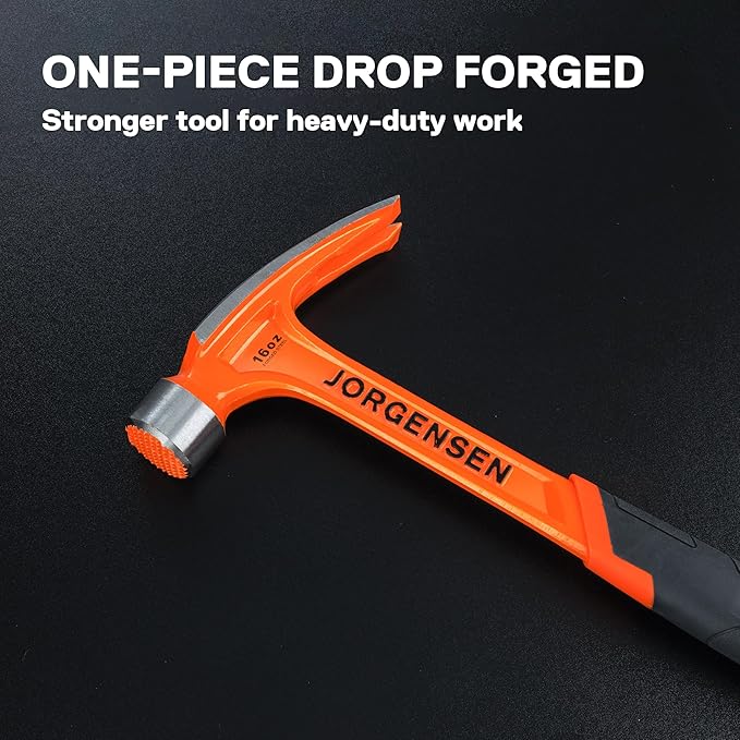 Jorgensen 16 oz Straight Claw Hammer, Rip Claw Hammer with Milled Face & Shock Absorbing Grip, Heavy Duty One-piece Forged Hammer