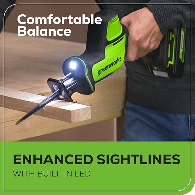 Greenworks 24V Brushless Cordless Reciprocating Saw,1" Compact One-Handed Recip Saw(3,000 SPM),Variable Speed, 2.0Ah Battery and Compact Charger Included,‎ RSG404