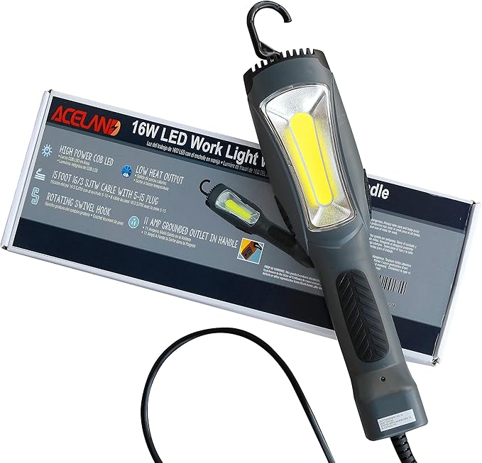 Portable Corded LED Work Light with Outlet in Handle, COB LED, 1600 Lumen 15ft 116AWG 3C SJTW Cord Handheld Outdoor Work Light, Magnetic on Back