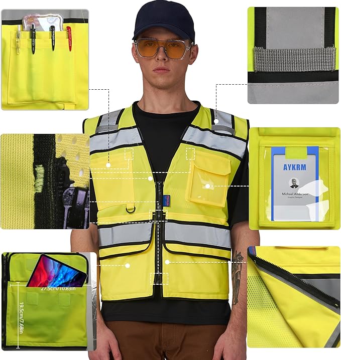 A-SAFETY High Vis Reflective Safety Vest for Men Women Zipper Ipad Pockets Mesh Construction Apparel Neon Vest for Work