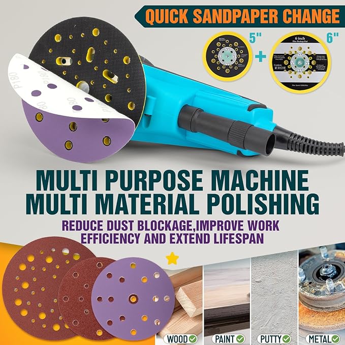 Autolock Electric Random Orbital Sander, 350W Brushless Motor with 5 & 6 Inch pads, 10000RPM Electric Palm Sander for Woodworking, Sanding and Polishing (Blue)