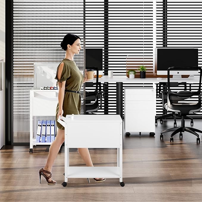 Mobile File Cart with Lock, Rolling File Cabinet Hanging Letter/Legal File Folders with Lockable Sliding Cover, White File Organizer on Wheels