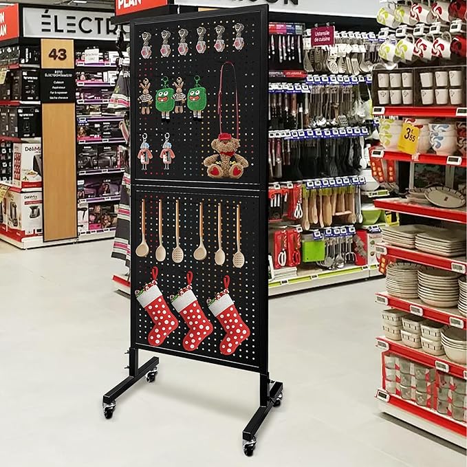 Royxen Metal Pegboard 2 x 5 Feet with 30 Hooks, Peg Board Display Stand, Standing Pegboard Display with Wheels, Black