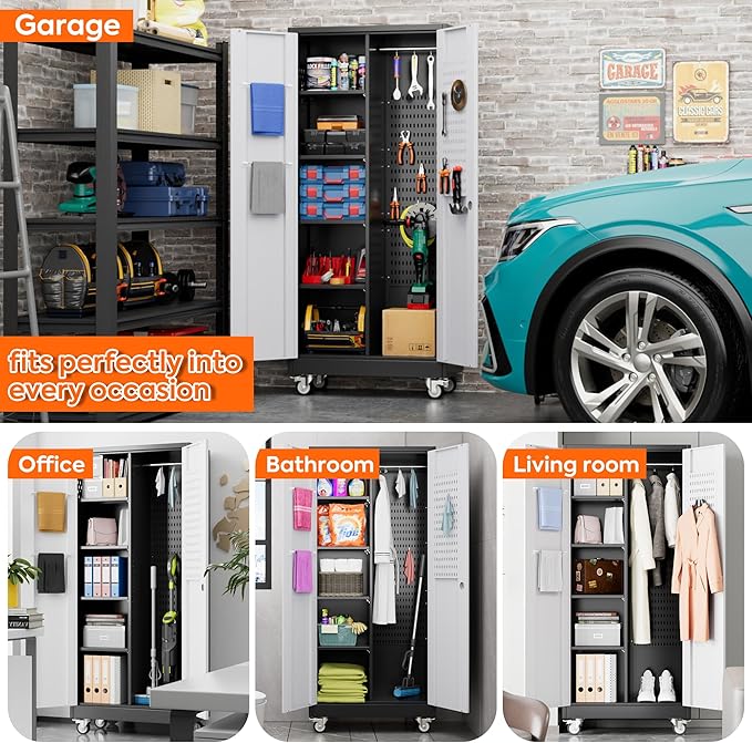 71" H Broom Closet Storage Cabinet with Wheels,Rolling Tool Cabinet with Lockable and Magnetic Doors,Adjustable Shelves and Pegboard for Garage Warehouse Home,Required Assembly,Black and White