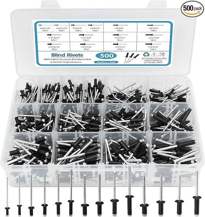 500pcs Black Rivets Pop Rivets Assortment Kit, 14 SAE Sizes Aluminum Rivets (3/32" 1/8" 5/32" 3/16"), Assorted Blind Rivets with Reinfored Divider & Labeled Case for Storage