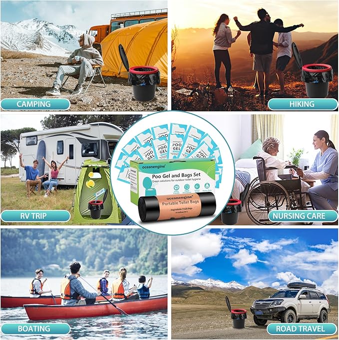 Portable Toilet Bags Poo Gel Set, 8 Gallon Camping Toilet Bags with Portable Toilet Absorbent Gel, Compostable Portable Potty Bags for Camping Outdoor Hiking