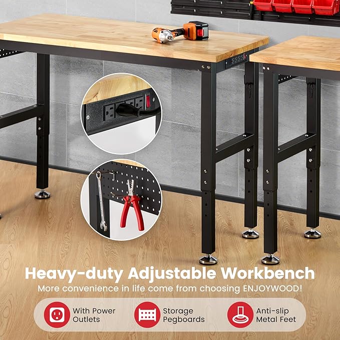 Work Bench for Garage 48 x 20 Inch Adjustable Height Rubberwood Tabletop Work Table with Pegboard, Power Outlets Garage Workbench for Woodworking Shop, Home, Office, Electronic Cutting Wood