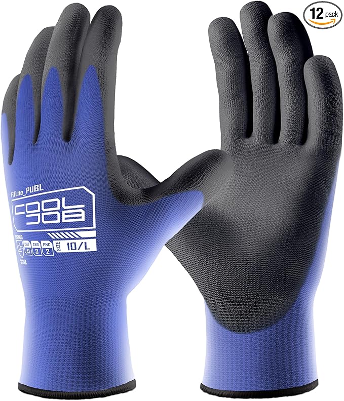COOLJOB 12/60 Pairs Safety Work Gloves Pack Bulk with Grip PU Coating, 13 Gauge Seamless Knit Gloves with Polyurethane Dipped for Warehouse Working, Breathable Lightweight for Men Women, Blue Small