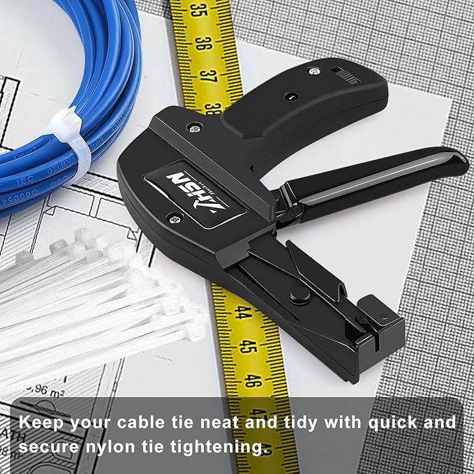 Zhushan Fastening Tie Wrap Gun with Adjustable Tension and Built-In Flush Cutter for 0.09-0.19 inch Nylon Cable Tie Tightening - Professional Grade Cable Zip Tie Tool