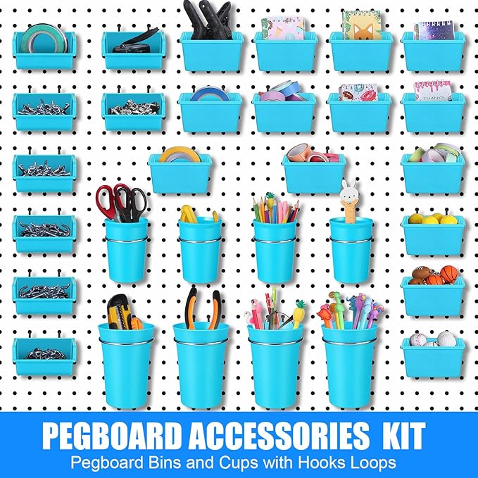 64 Pieces Pegboard Bins Pegboard Cups with Hooks and Loops Peg Hooks Assortment Organizer Accessory for Organizing Accessories Tools Storage Office Workshop Garage Workbench (Blue)