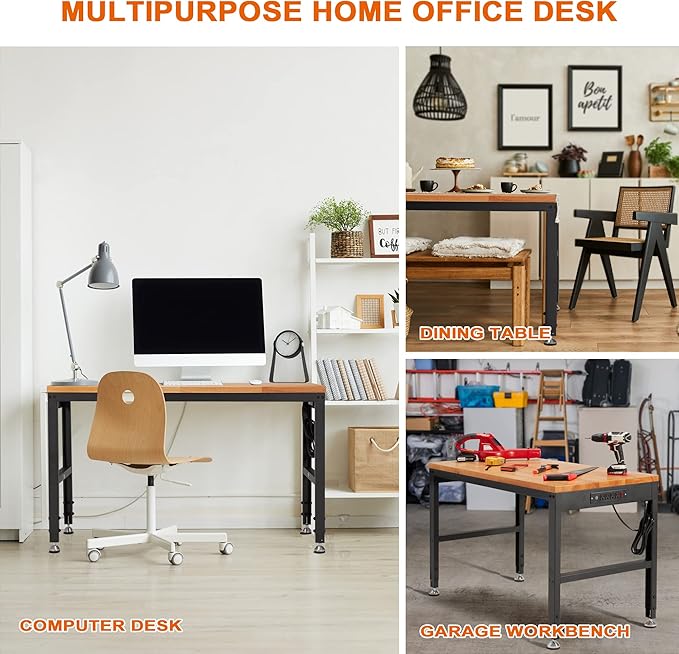 Haddockway Adjustable Workbench for Garage,48"x 24" Rubber Wood Top Worktable with Power Outlets, Max 2000 Lbs Load Capacity Heavy Duty Workstation for Workshop Office Home (Black Frame, 48in)