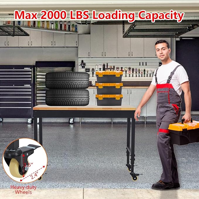 72'' Adjustable Workbench, Heavy Duty Workbench with Power Outlet and Lockable Wheels, 2000 LBS Capacity, Work Table Suitable for Office, Garage, Workshop