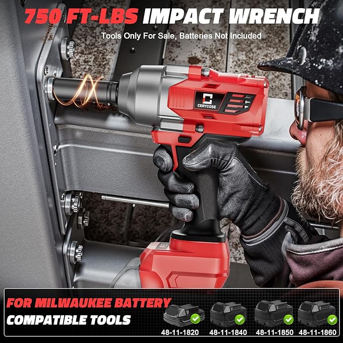 Cordless Impact Wrench 1/2 inch for Milwaukee 18v Battery – Brushless High Torque Impact Driver Gun with 750Ft-lbs Torque, LED Work Light, Ergonomic Design for Heavy-Duty Performance(no battery)