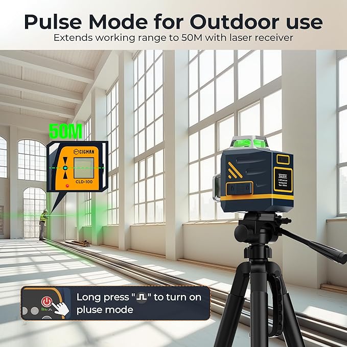 CIGMAN Laser Level Self Leveling 3x360° 3D Green Cross Line for Construction and Picture Hanging, Rechargeable battery, Remote Controller, Magnetic Rotating Stand Included