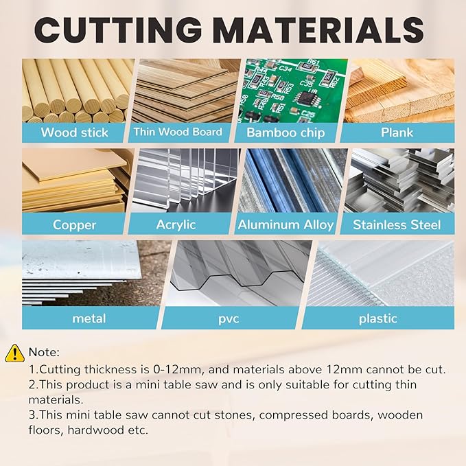 Mini Table Saw, 96W Dual Motor Control 4 Blades Set Cut Thickness 12MM 0-90° Adjust Small Table Saw for Hobby DIY Model Wood Cutting