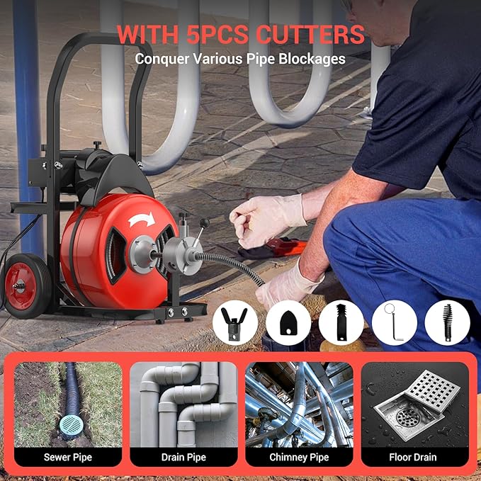 100Ft 3/4 Inch Cable Drain Cleaning Machine, 750W Auto Feed Portable Electric Sewer Snake, Electric Drain Auger with 6 Cutter Air-Activated Foot Switch for 4" to 8" Pipes