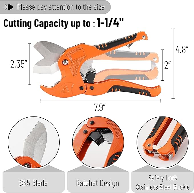 Bates- PVC Pipe Cutter, Cuts up to 1-1/4" Inch, Mini Tube Cutter 1/8" to 7/8", Ratcheting PVC Pipe Cutter Tool, Pipe Cutters PVC Pipe Shears, Plastic Pipe Cutter, PVC Cutter Tool, PVC Ratchet Cutter