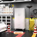 Aobabo Metal Storage Cabinet with 2 Large Drawer, Lockable Steel Storage Cabinet with 3 Adjustable Shelves, for Home, Office, Garage, Classroom, White, Assembly Required