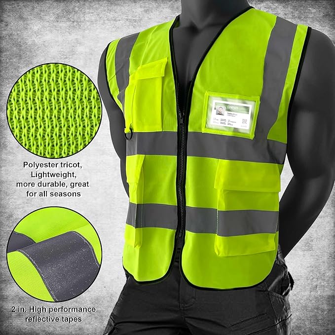 5 Pockets Class 2 High Visibility Safety Vest with Reflective Strips, Pockets Zipper Front Meets