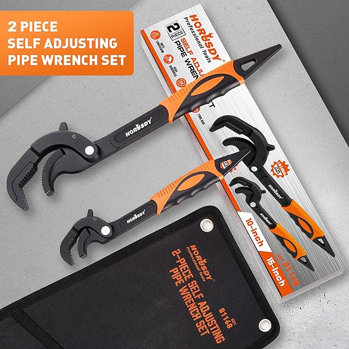 HORUSDY Heavy Duty Pipe Wrench Set, 10” and 15” Self-Adjusting Pipe Wrenches for Plumbing and HVAC, 2-Piece Pipe Vise Tool Kit for Standard and Irregular Nuts, Pipes, Fixtures – Pipe Wrench Set