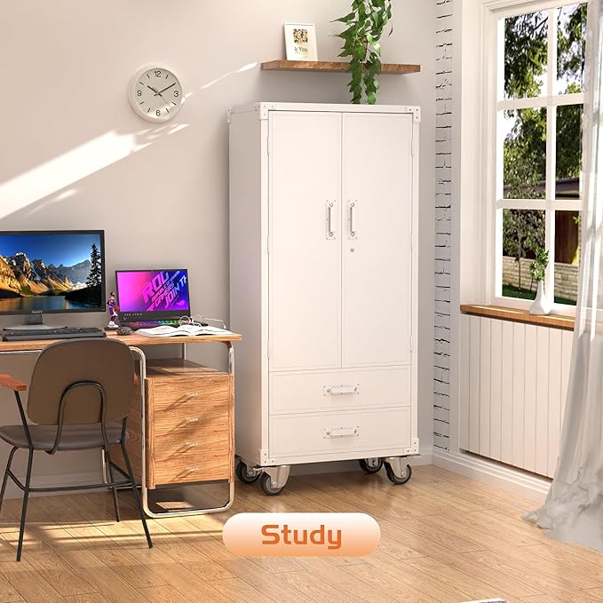 Aobabo Metal Storage Cabinet with 2 Large Drawer, Lockable Steel Storage Cabinet with 3 Adjustable Shelves, for Home, Office, Garage, Classroom, White, Assembly Required