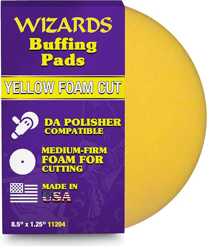 Wizards 11204 Yellow Foam Cut Buffing Pad – Polishing Pad for Orbital Buffer – Auto Paint Correction – Vehicle Detailing DA Attachment – Compound Tool for Car Scratches and Repairs - 8.5 x 1.25 Inch