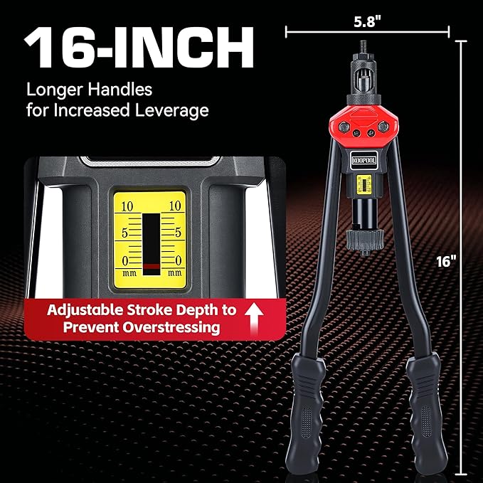 16" Rivet Nut Tool Kit with 15 Metric & SAE Mandrels and 170pcs Rivet Nuts,Visible Stroke, Quick-Change Rivet Nut Tool with Carrying Case (16" Rivet Nut Tool Kit)
