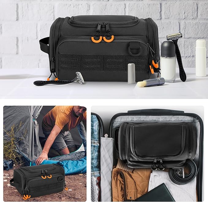 Tactical Toiletry Bag for Men, Hanging Hygiene Bag, Travel Dopp Kit Organizer for Shaving, Shower Essentials and Toiletries, Black (Empty Bag)