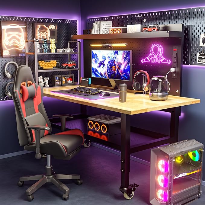 60" Heavy Duty Adjustable Workbench with Large Pegboard& Partition, Adjustable Work Table with Power Outlets & Lockable Wheels, Rubber Wood Workstation for Garage, Workshop, Office, Home, Commercial