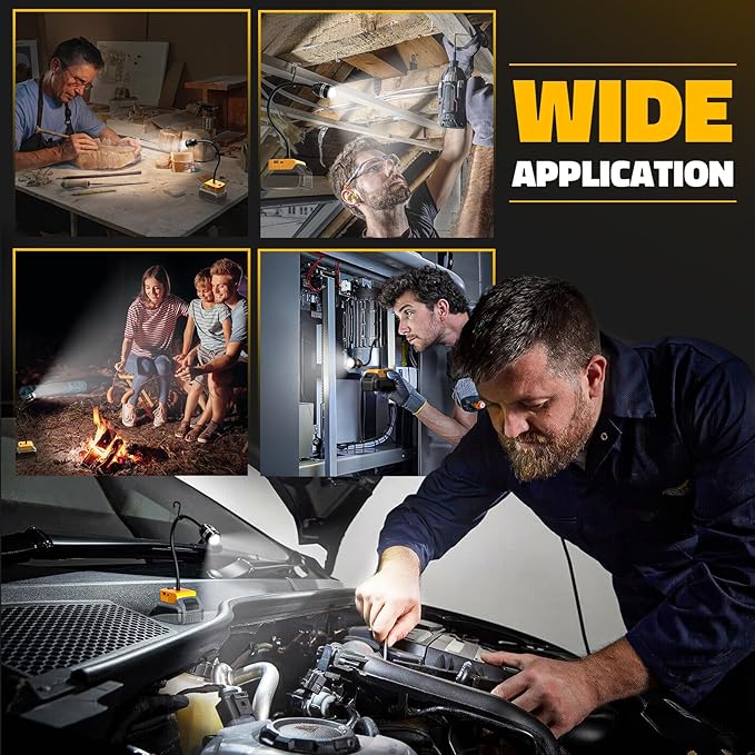 LIVOWALNY 2PCS LED Work Light Compatible with Dewalt 20V Battery, 20W 2000LM LED Flood Light, 12" Flexible Gooseneck, Flashlight with USB-A & Type-C Charging Port, Low Voltage Protection (No Battery)