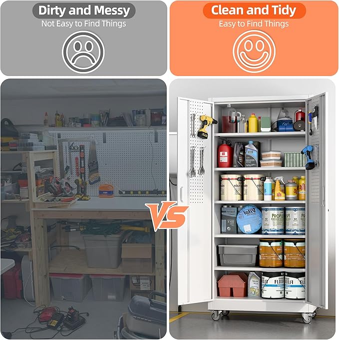 Aobabo 71" H×32" W×16" D Metal Storage Cabinet with Wheels, Garage Steel Storage Cabinet with 5 Adjustable Shelves and 4 Hooks for Home Office, Kitchen, White, Assembly Required