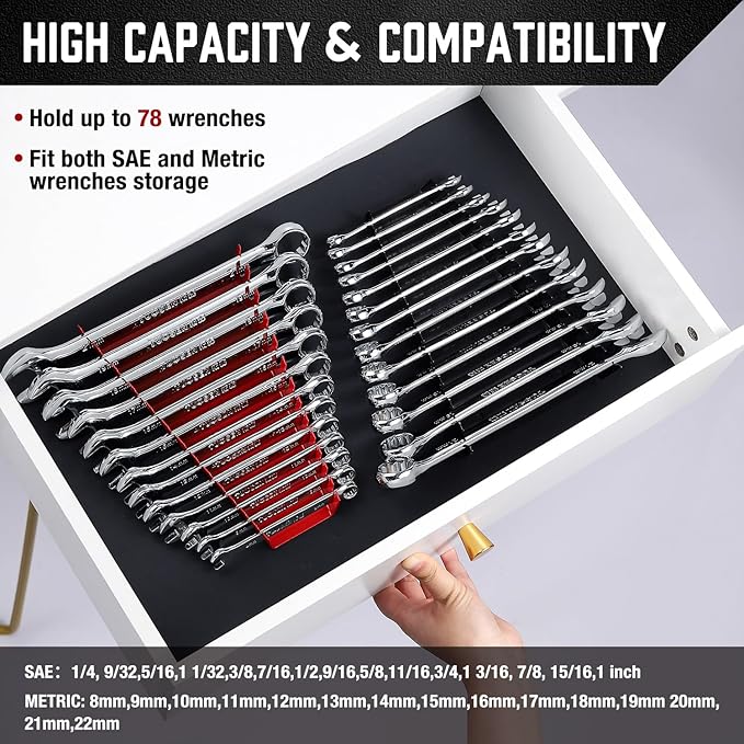 ALOANES 78-Slot Metal Wrench Organizer, Heavy Duty Wrench Organizer Tray for Tool Box, Professional Fit SAE & Metric Wrench Storage, 6 Pack Wrench Holders(Red&Blue)