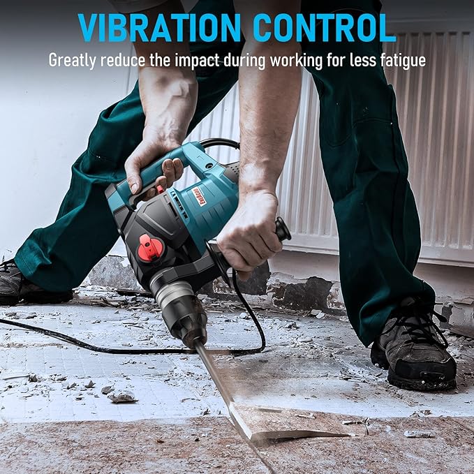 ENEACRO 1-1/4 Inch SDS-Plus 12.5 Amp Heavy Duty Rotary Hammer Drill, Safety Clutch 3 Functions with Vibration Control Including Grease, Chisels and Drill Bits with Case