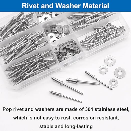 240pcs Steel Rivets with Washers 7-Sizes 304 Stainless Steel Pop Rivets Assortment Kit 1/8",5/32",3/16" for Metal,Furniture,Automotive,Instruments