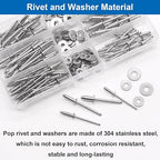 240pcs Steel Rivets with Washers 7-Sizes 304 Stainless Steel Pop Rivets Assortment Kit 1/8",5/32",3/16" for Metal,Furniture,Automotive,Instruments