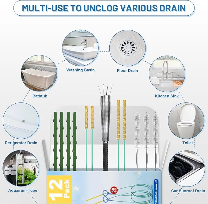 12 Pack Snake Drain Hair Removal Tools, 35.5" Drain Clog Remover, 30" & 50" Steel Shower Snake, 30" Nylon Sink Snake, 59" Sink Unclogger Tool, Sink Cleaner Tool for Toilet, Bathroom, Shower, Kitchen