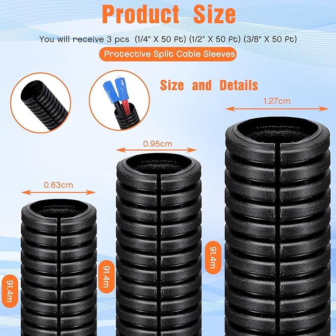 Sasylvia 1/4", 1/2", 3/8" x 300 Ft Split Wire Loom Tubing Automotive Wire Loom Assortment Split Cable Sleeves Bulk Flexible Electrical Conduit Protective kit