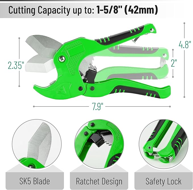 Bates- PVC Pipe Cutter, Cuts up to 1-1/4", Green Ratcheting PVC Pipe Cutter Tool, Pipe Cutters PVC Pipe Shears, Plastic Pipe Cutter, PEX Pipe Cutter, PVC Cutter Tool, PVC Ratchet Cutter
