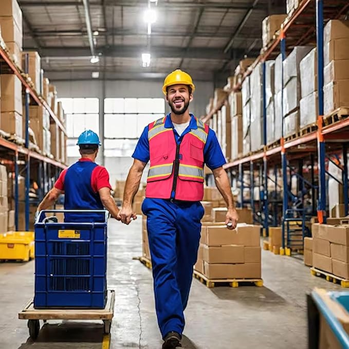 A-SAFETY High Vis Reflective Safety Vest for Men Women Zipper Ipad Pockets Mesh Construction Apparel Neon Vest for Work