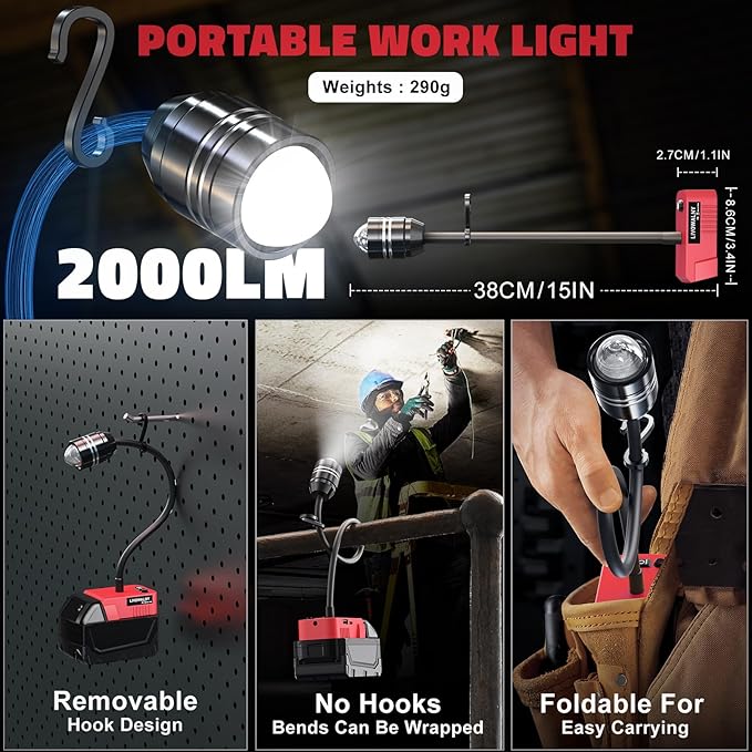 LIVOWALNY 2000LM LED Work Light Compatible with Milwaukee 18V Battery, 20W Flood Light, 12" Flexible Gooseneck, Flashlight Lights with USB-A & Type-C Charging Port, Low Voltage Protection (No Battery)