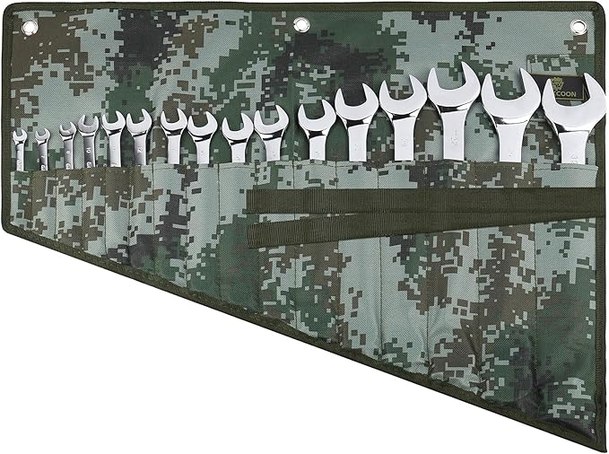 16 Pocket Wrench Roll Organizer, Rolled Tool Pouch Bag with Water Proof Oxford Cloth, Dark Camouflage