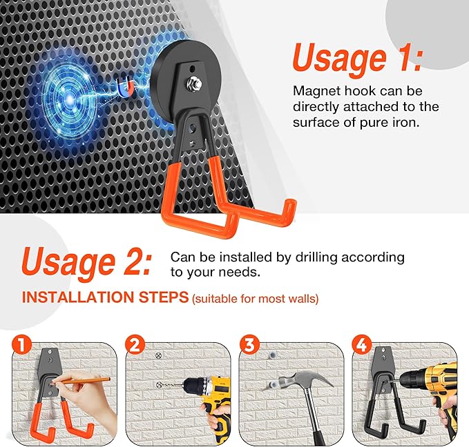 6Pcs Heavy Duty Storage Magnetic Utility Hooks Large Garage Strong Extra Magnet Hooks Hanger with Anti-Slip Coating Heavy Duty Magnetic Hooks for Hanging Power Dril Garage Garden Tools Orange