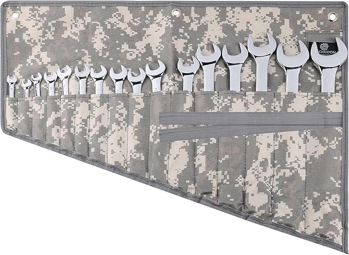 16 Pocket Wrench Roll Organizer, Rolled Tool Pouch Bag with Water Proof Oxford Cloth, Light Camouflage