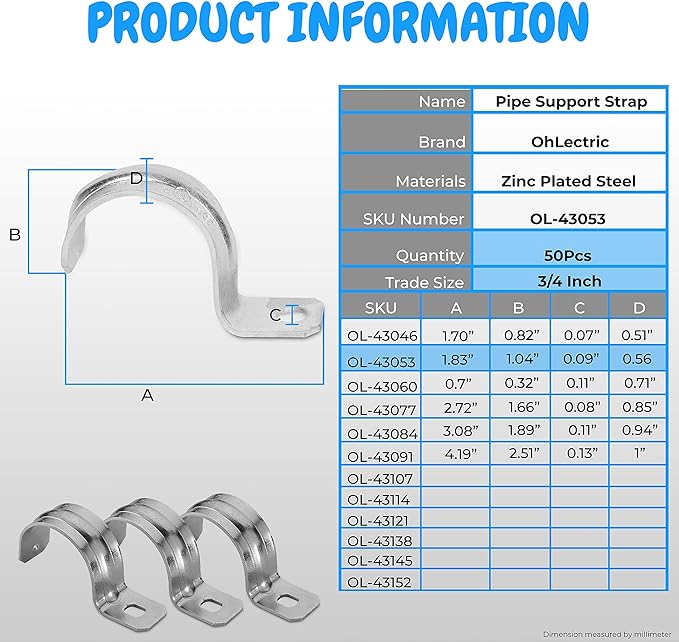 OhLectric 1 Hole 3/4 Inch Pipe Strap - Reinforced Rib for Extra Strength - Zinc-Plated Steel Pipe Strap Clamp for Rigid & IMC Conduit - Snap-On Installation - Pack of 50; OL-43053